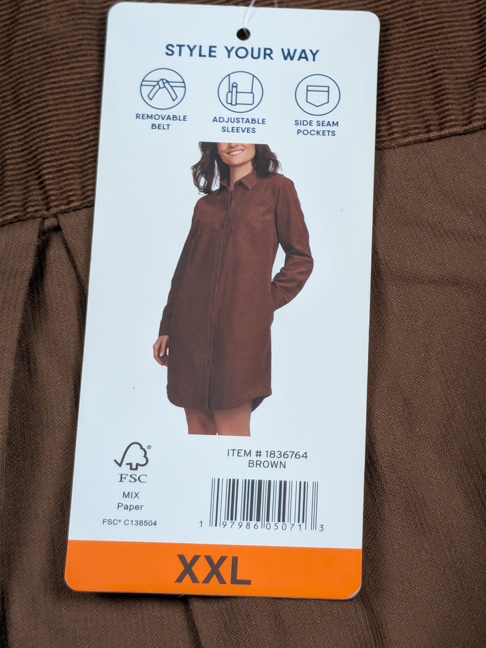 Lands End Womens XXL Brown Corduroy Shirt Dress Belted Roll Tab NWT